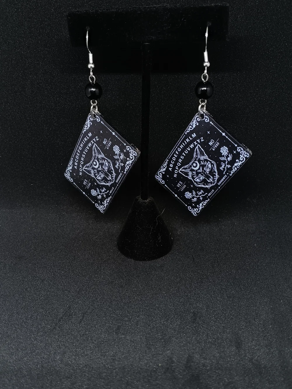 Mystic Cat Ouija Board Dangle Earrings - Black